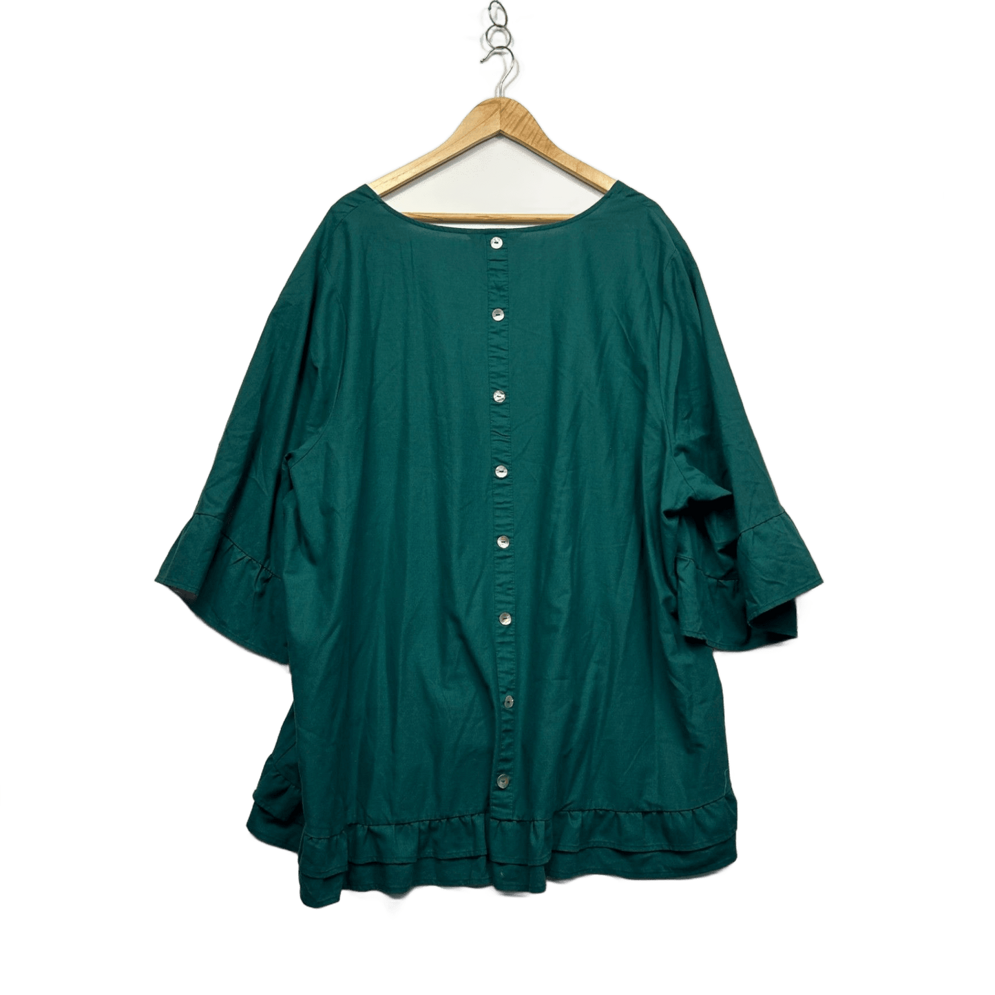 Beme Green Linen Blend 3/4 Sleeve Ruffle Hem Hi Low Top Tunic Size 28