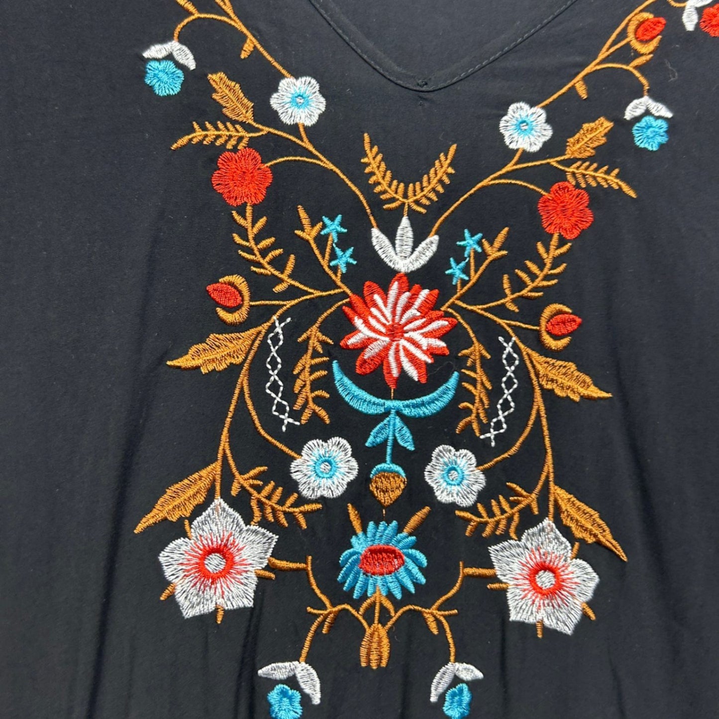 SHEIN Embroidered Boho Black Short Sleeve Smock Viscose Dress Size 14