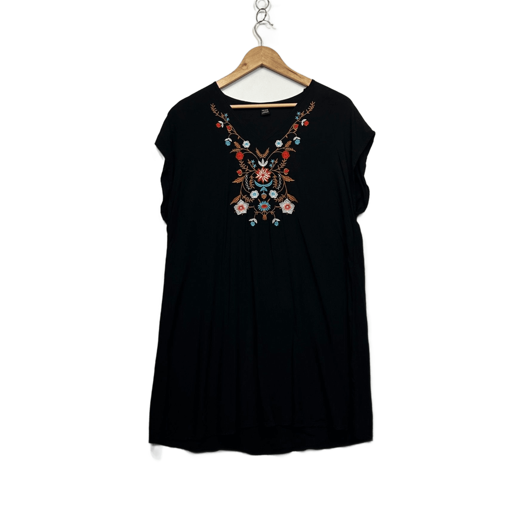 SHEIN Embroidered Boho Black Short Sleeve Smock Viscose Dress Size 14