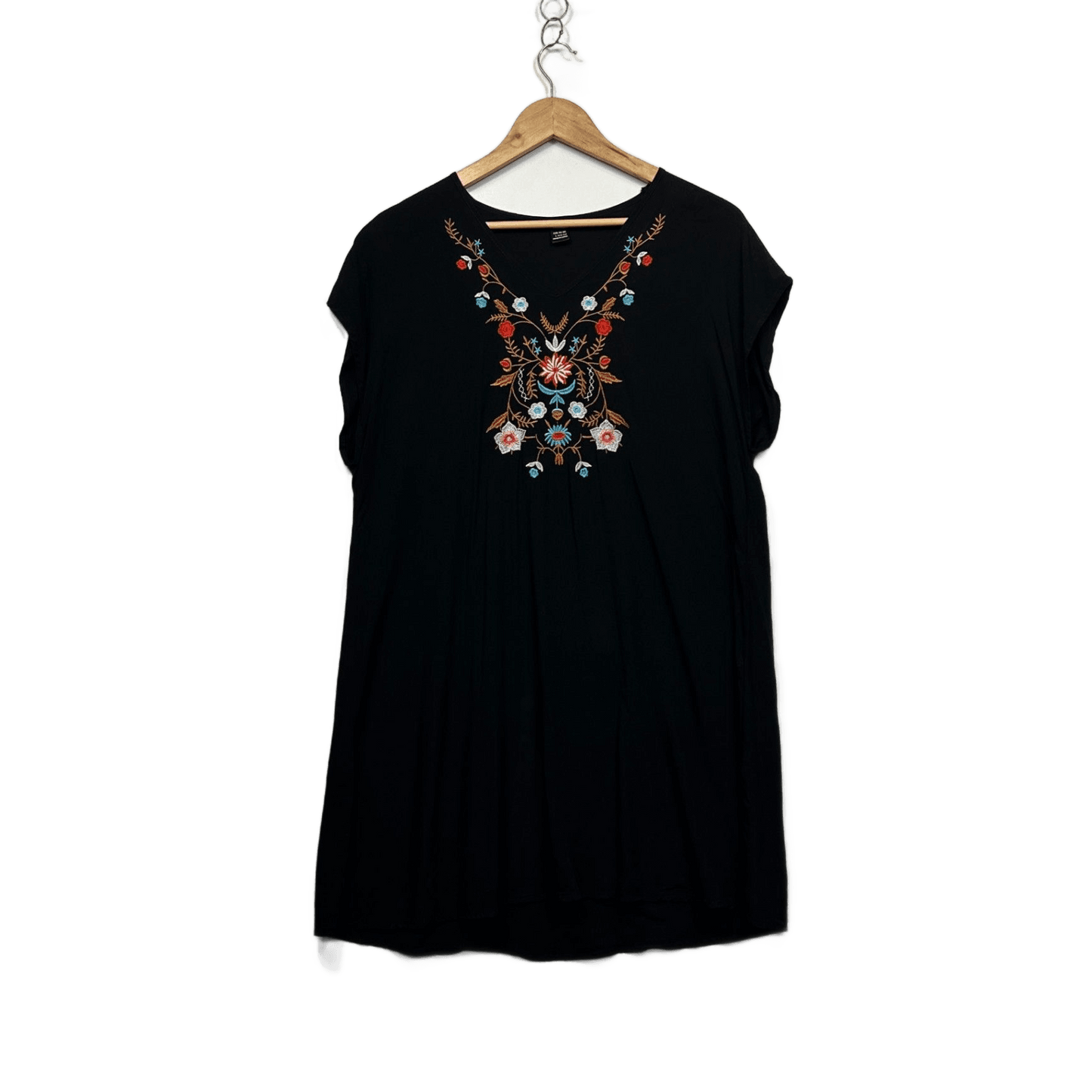 SHEIN Embroidered Boho Black Short Sleeve Smock Viscose Dress Size 14