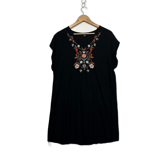 SHEIN Embroidered Boho Black Short Sleeve Smock Viscose Dress Size 14