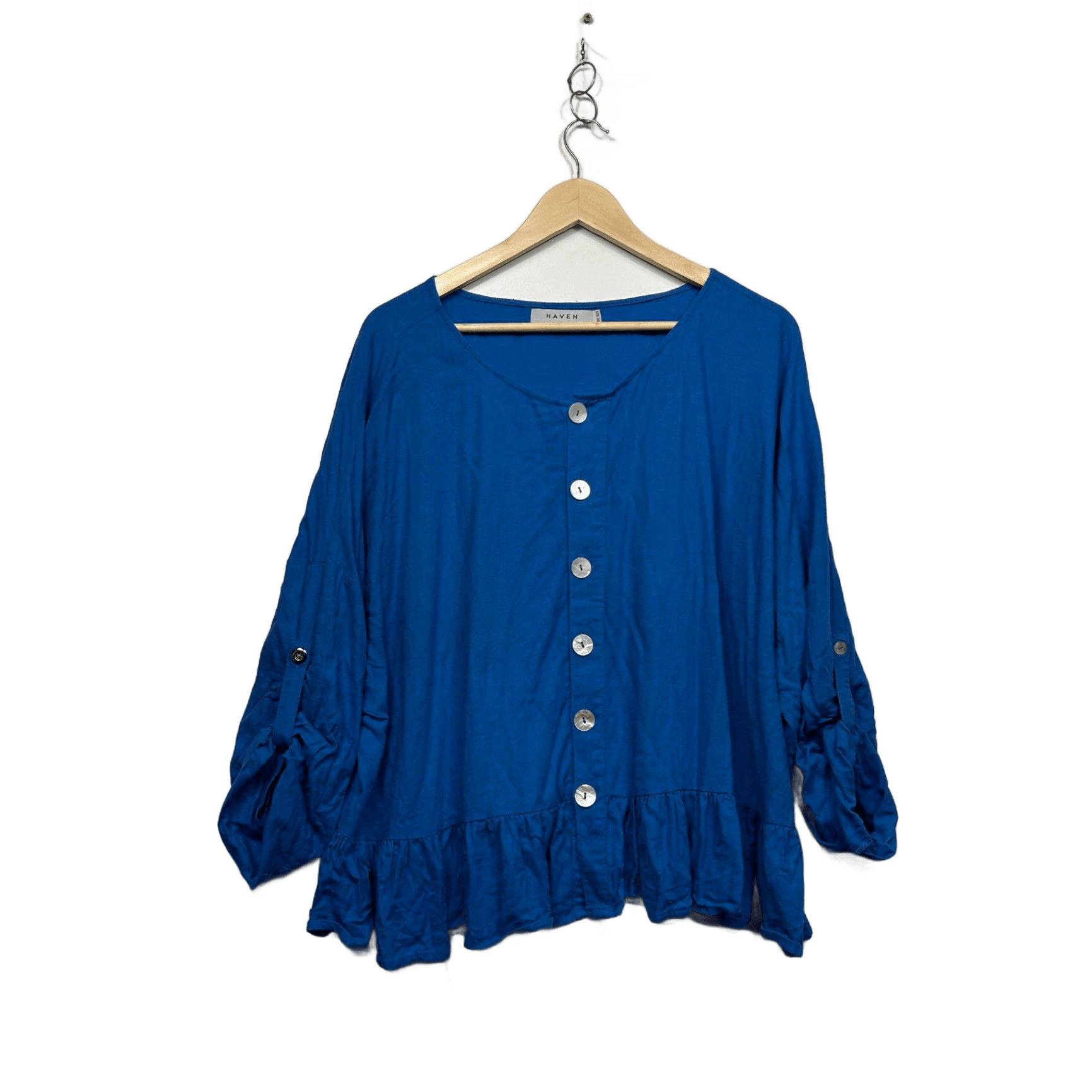 Haven Womens Blue Linen Blend Button Up Roll Tab Sleeve Blouse Top One Size