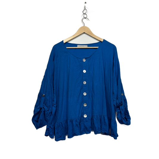 Haven Womens Blue Linen Blend Button Up Roll Tab Sleeve Blouse Top One Size