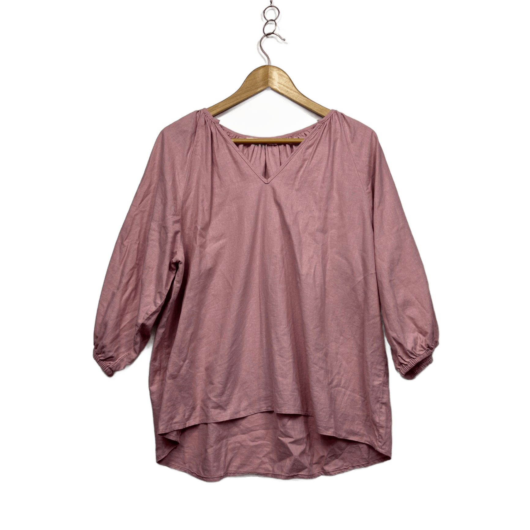 Sass Women's Pink Linen 3/4 Sleeve V-Neck Hi Low Top Blouse Size 16