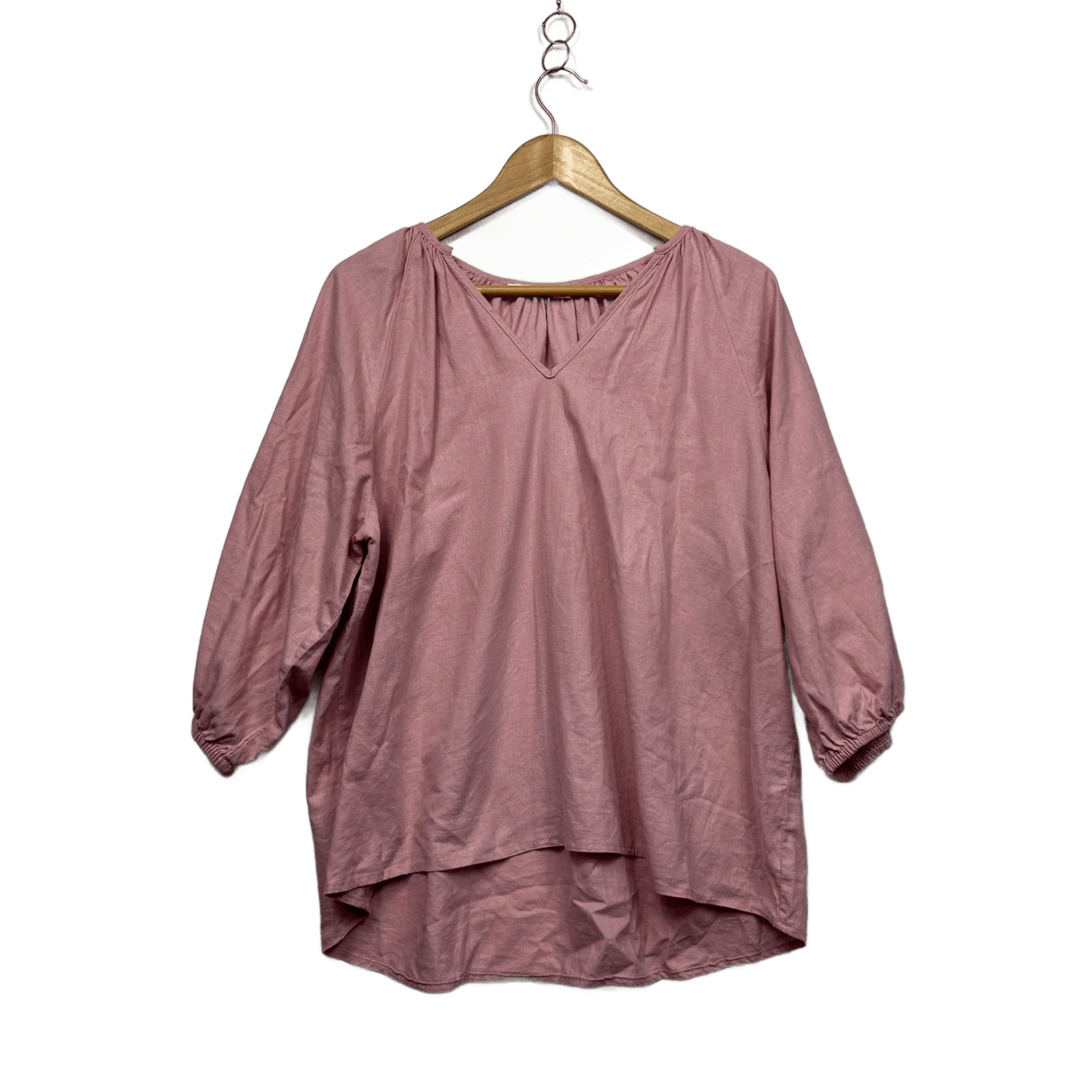 Sass Women's Pink Linen 3/4 Sleeve V-Neck Hi Low Top Blouse Size 16
