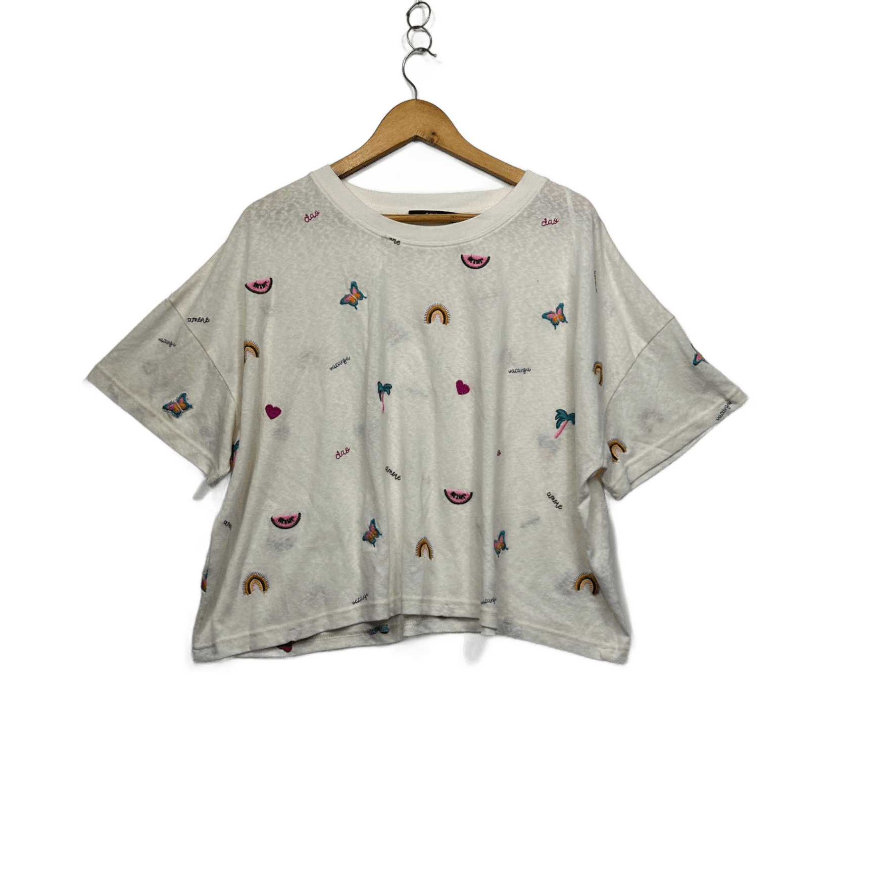 Sportsgirl White Cropped Short Sleeve Crew Neck T-Shirt Size 16 18 2XL Butterfly