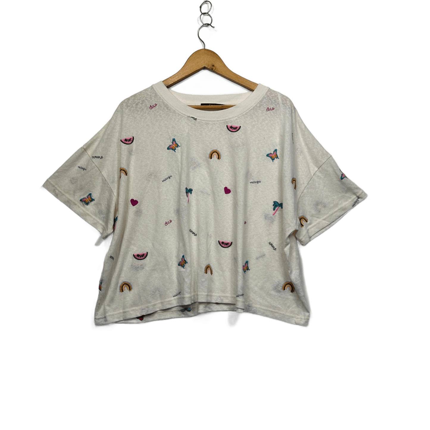 Sportsgirl White Cropped Short Sleeve Crew Neck T-Shirt Size 16 18 2XL Butterfly