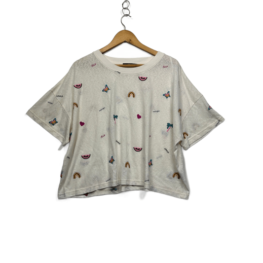 Sportsgirl White Cropped Short Sleeve Crew Neck T-Shirt Size 16 18 2XL Butterfly