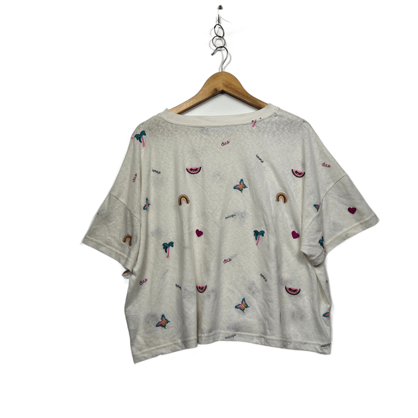 Sportsgirl White Cropped Short Sleeve Crew Neck T-Shirt Size 16 18 2XL Butterfly