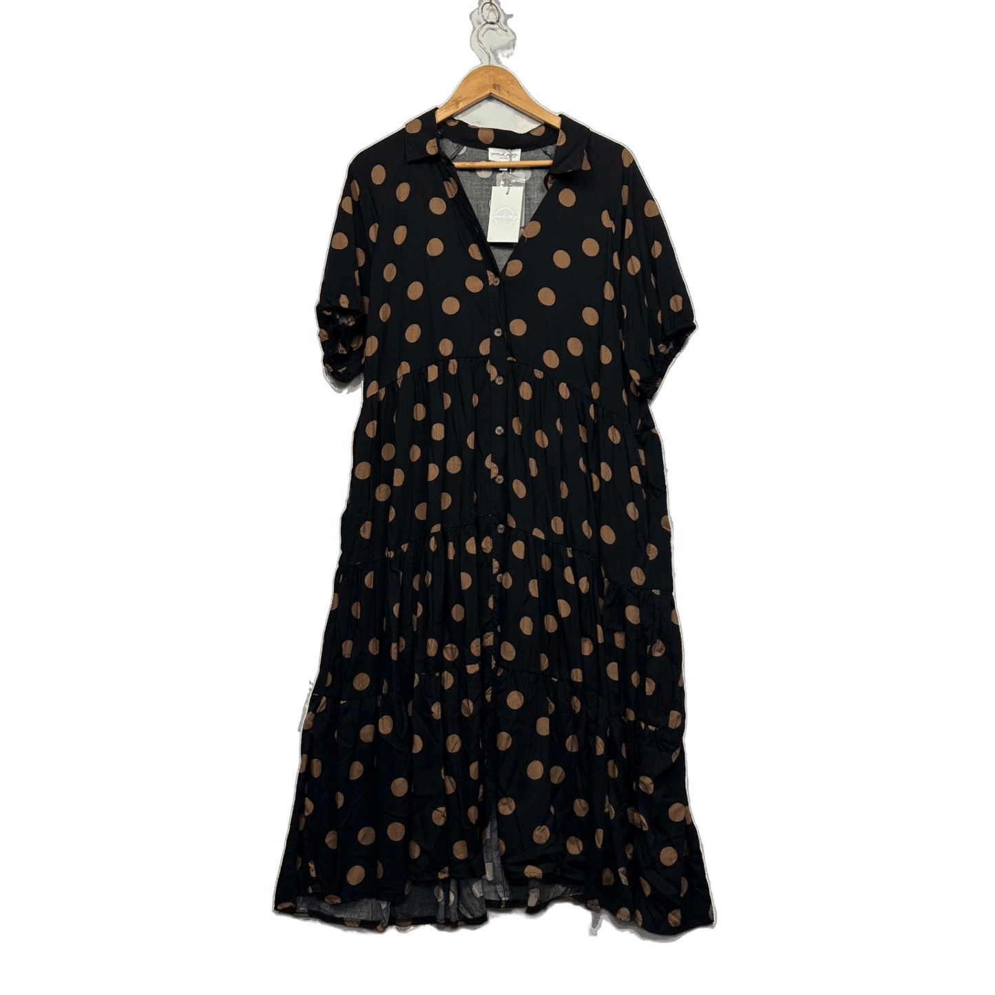 Proud Poppy Black Beige Short Sleeve Polka Dot Maxi Dress Size 16