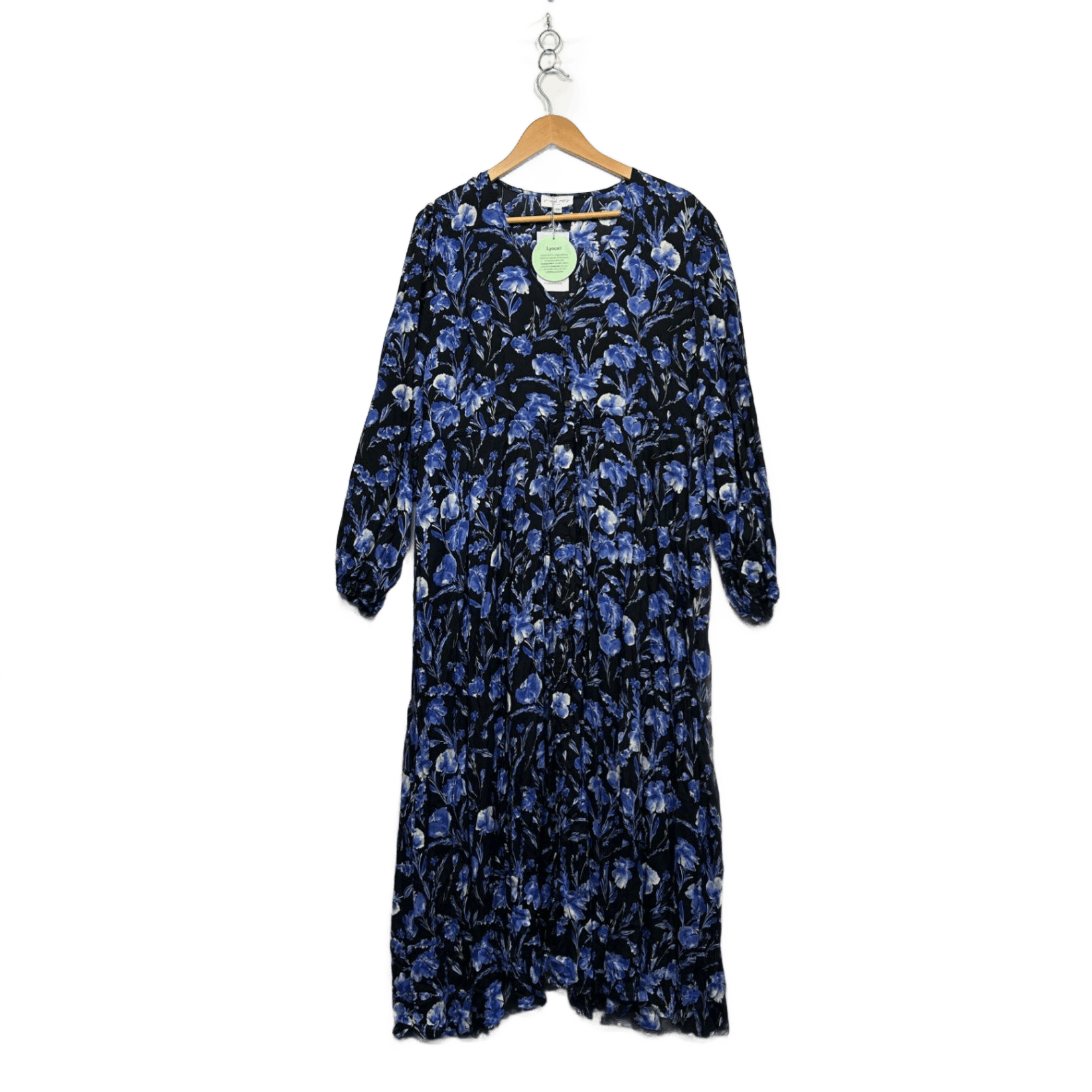 Proud Poppy Black Blue Long Sleeve Floral Boho Rayon Maxi Dress Size 16