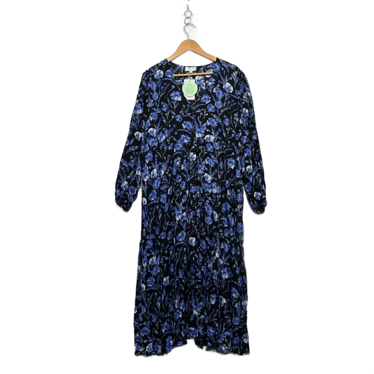 Proud Poppy Black Blue Long Sleeve Floral Boho Rayon Maxi Dress Size 16