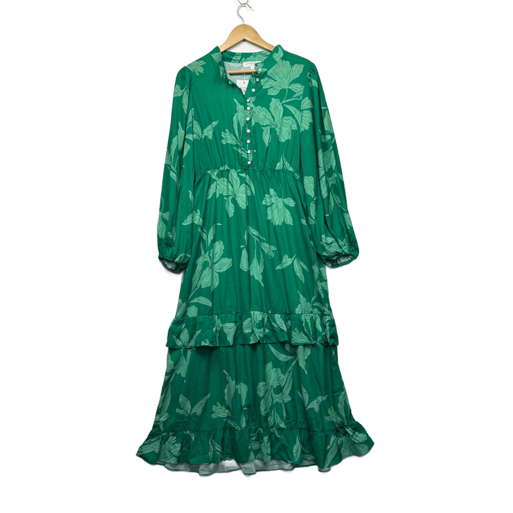 Proud Poppy Green Long Sleeve Floral Boho Rayon Maxi Dress Size 14