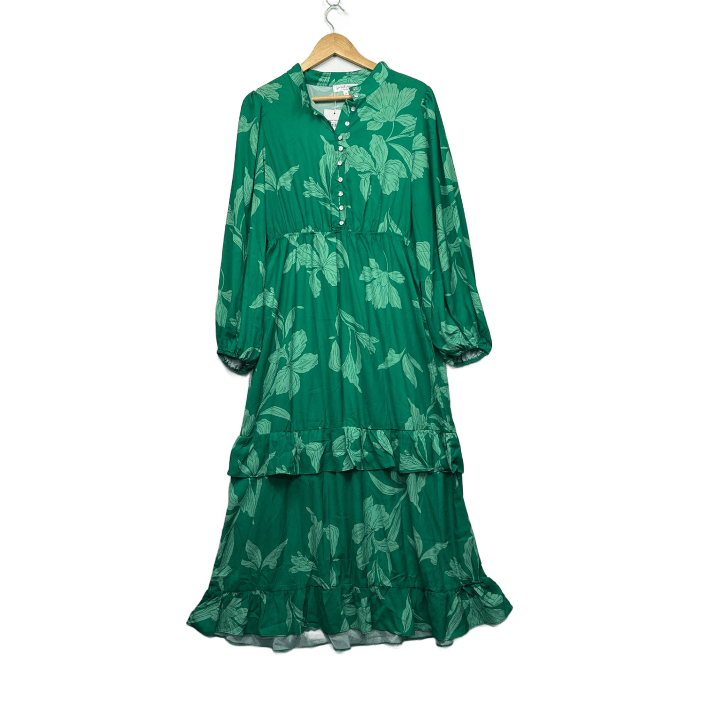 Proud Poppy Green Long Sleeve Floral Boho Rayon Maxi Dress Size 14