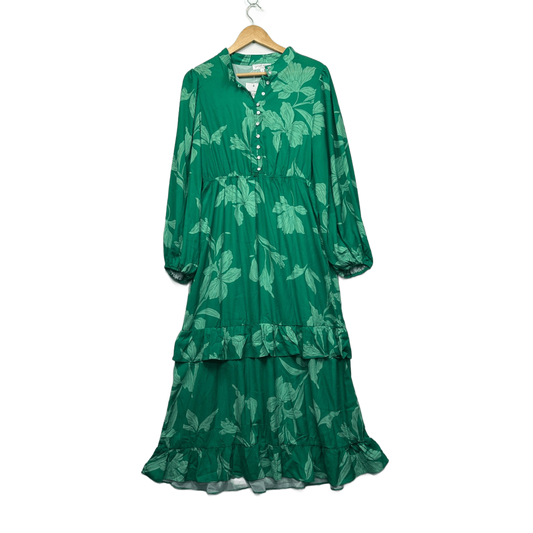 Proud Poppy Green Long Sleeve Floral Boho Rayon Maxi Dress Size 14