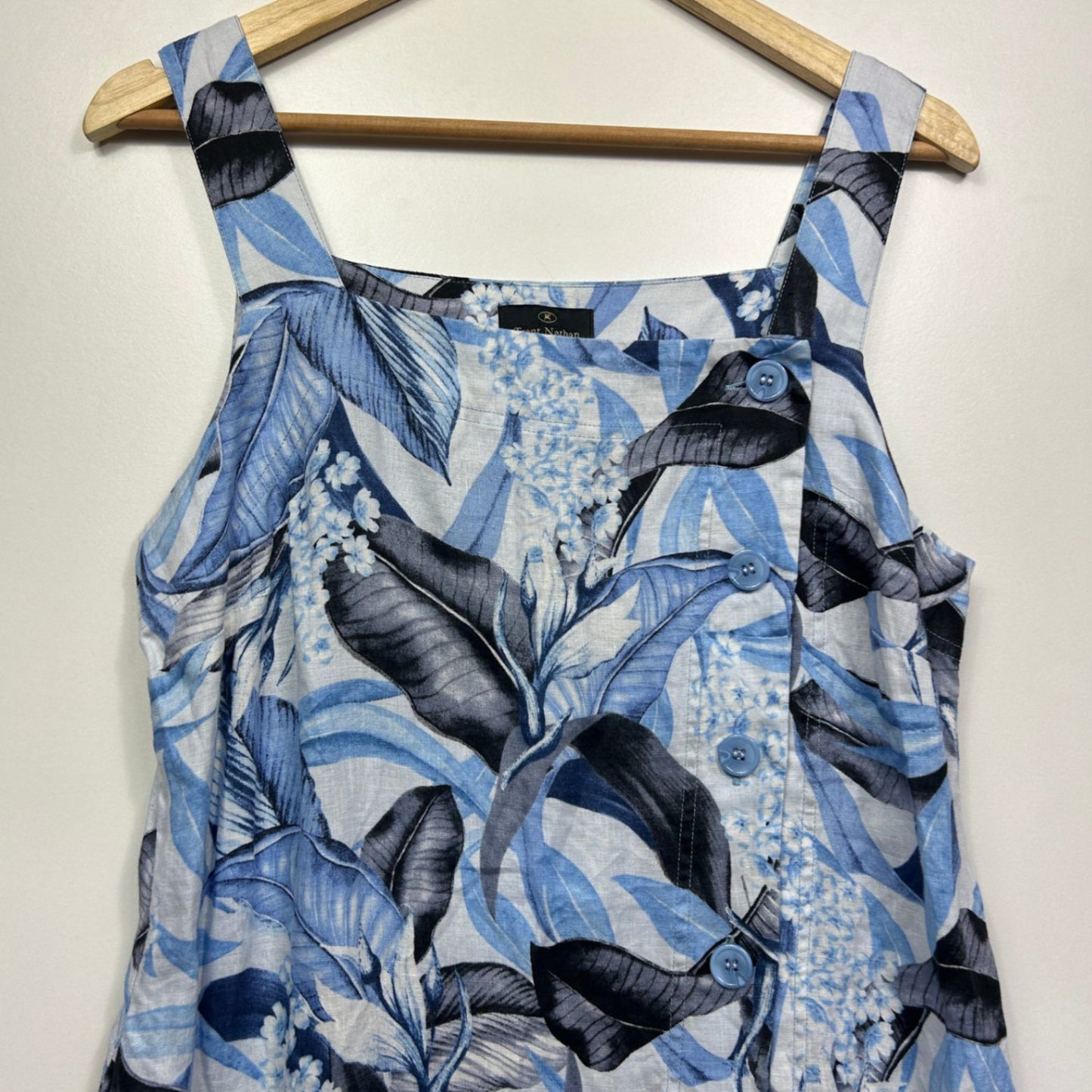 Trent Nathan Women's Blue White Linen Floral Sleeveless Dress Size 12