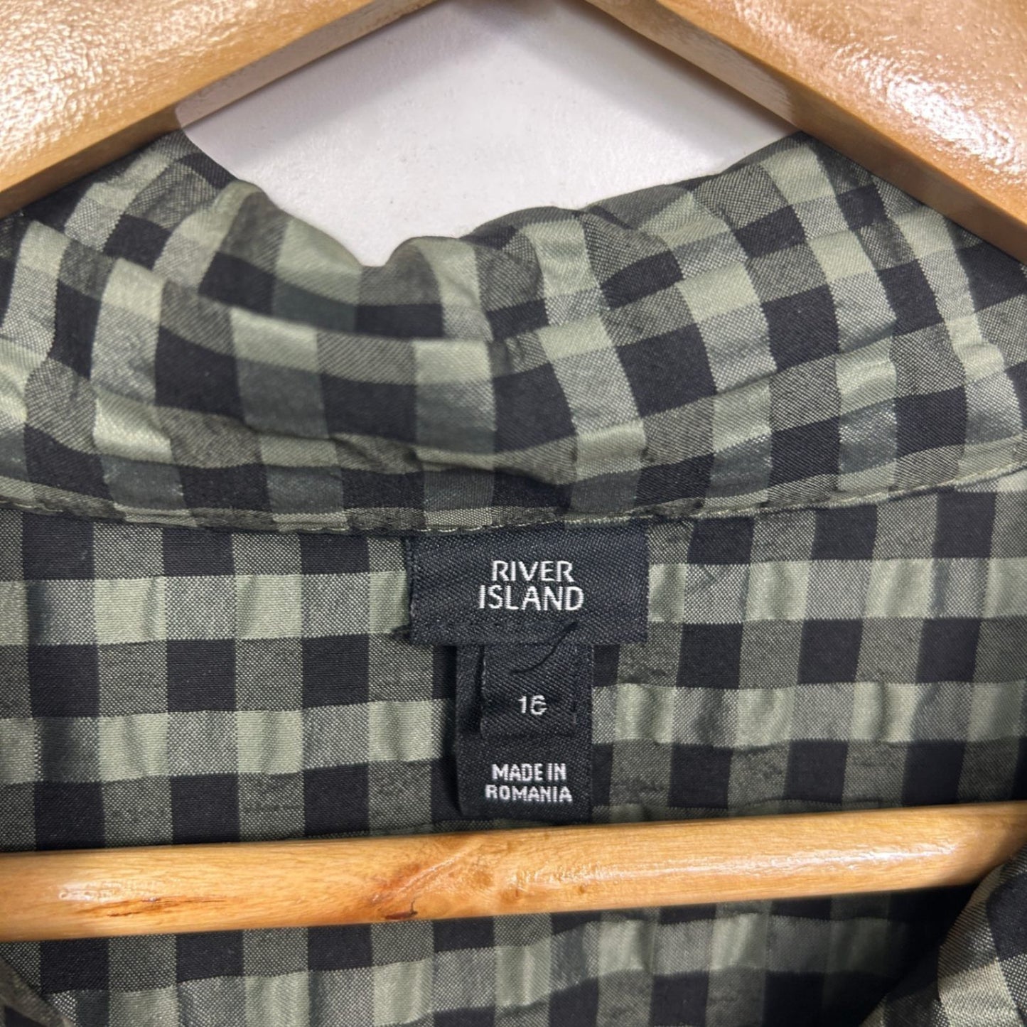 River Island Green Black Gingham Check Long Sleeve Smock Shirt Dress Size 16