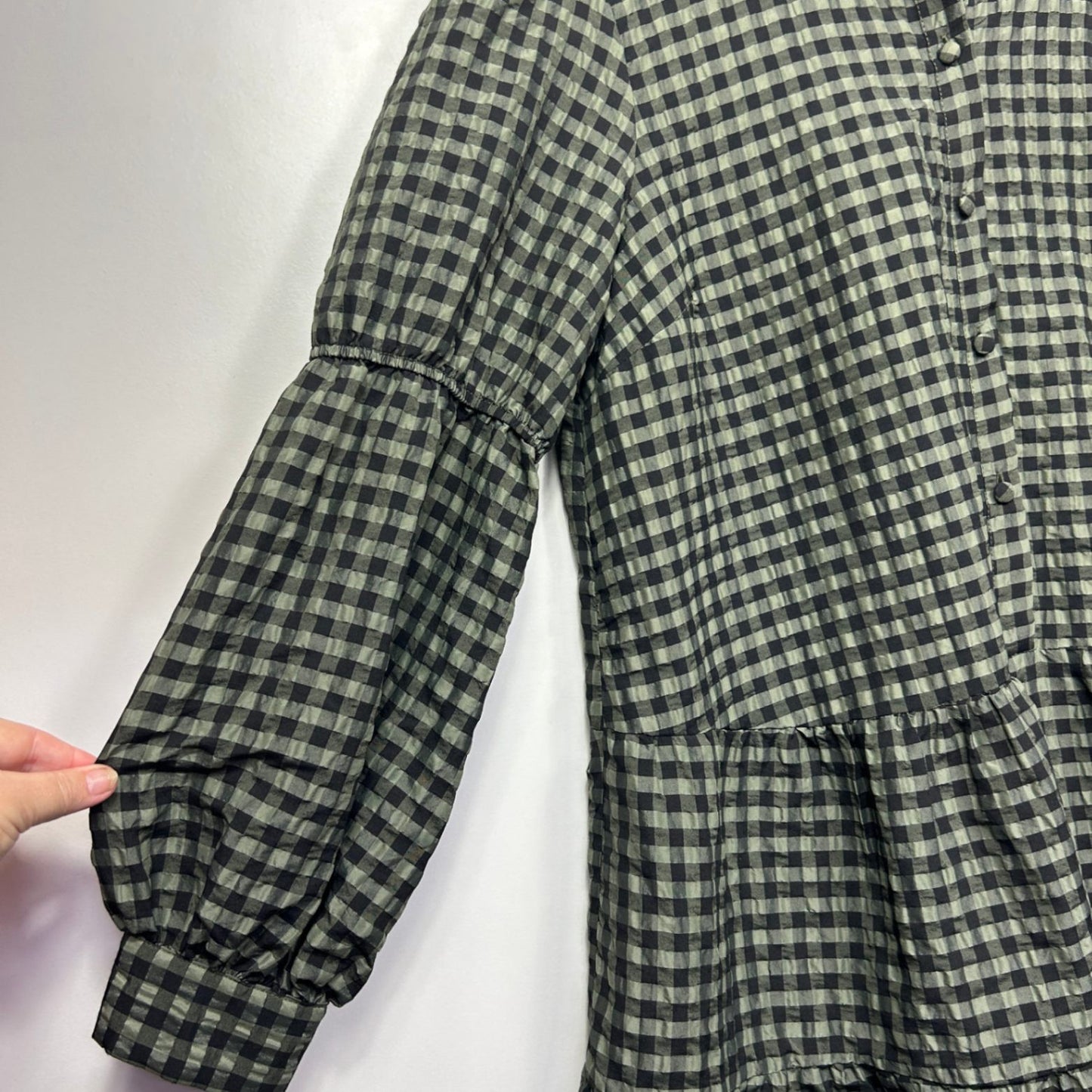 River Island Green Black Gingham Check Long Sleeve Smock Shirt Dress Size 16