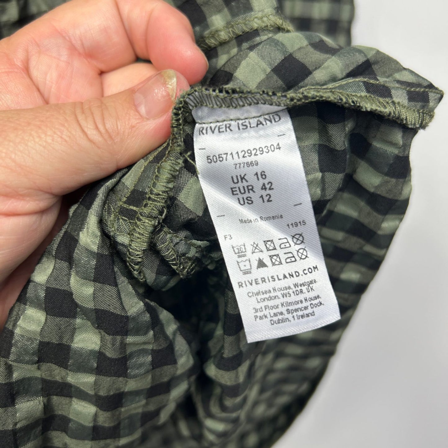 River Island Green Black Gingham Check Long Sleeve Smock Shirt Dress Size 16