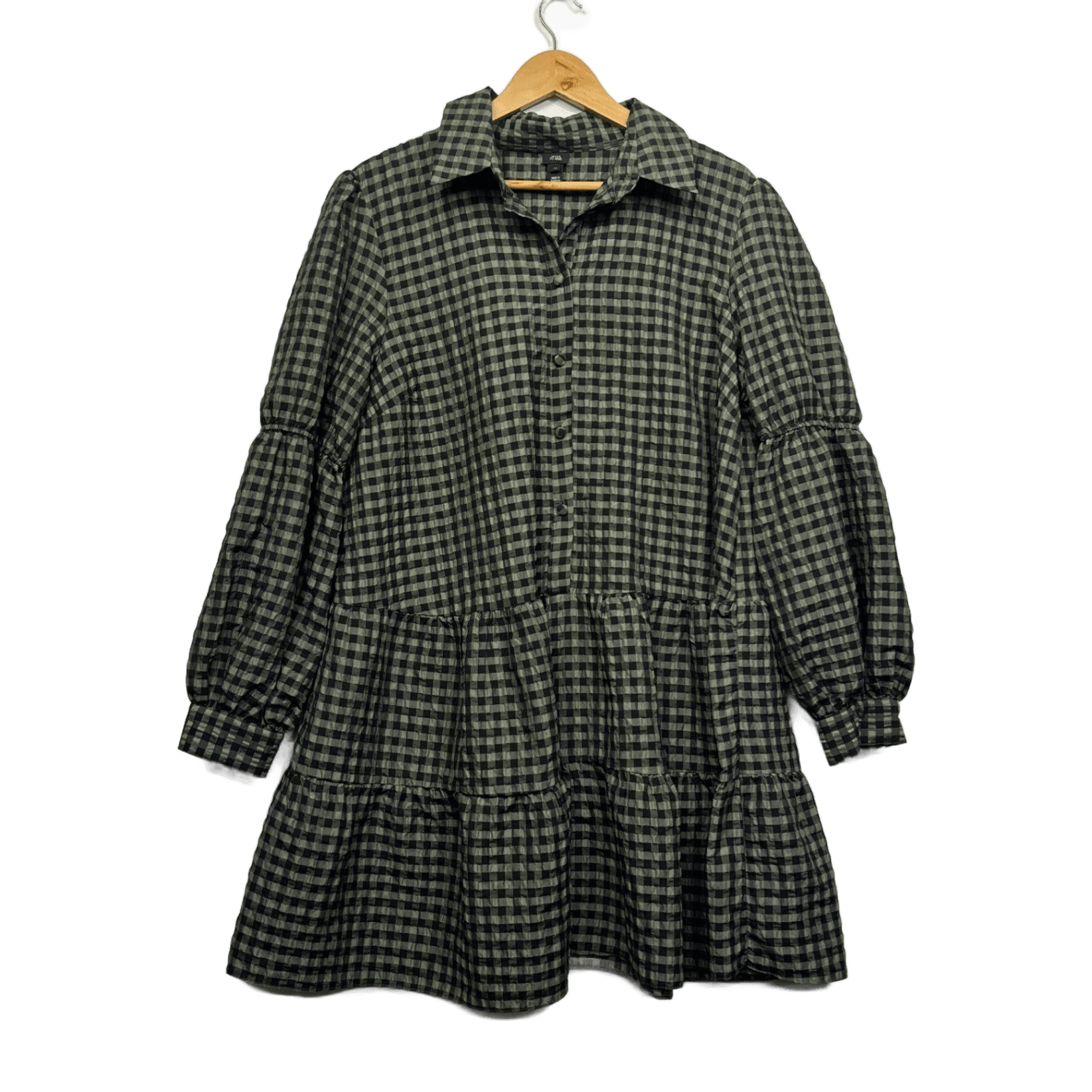 River Island Green Black Gingham Check Long Sleeve Smock Shirt Dress Size 16