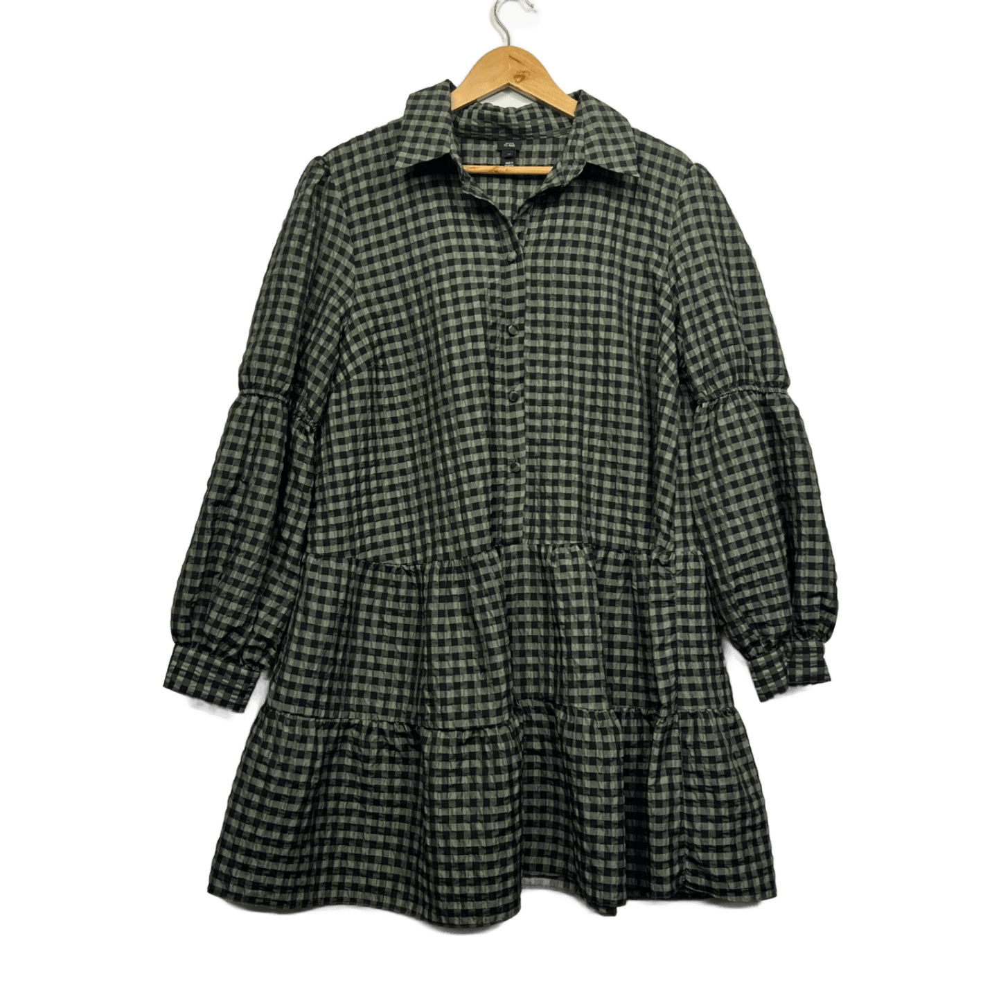 River Island Green Black Gingham Check Long Sleeve Smock Shirt Dress Size 16