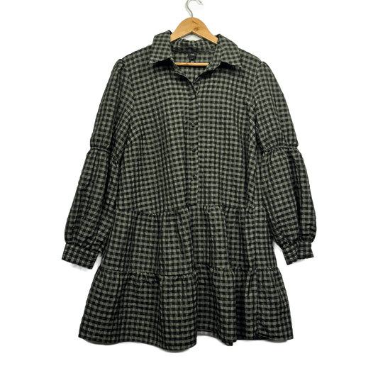 River Island Green Black Gingham Check Long Sleeve Smock Shirt Dress Size 16