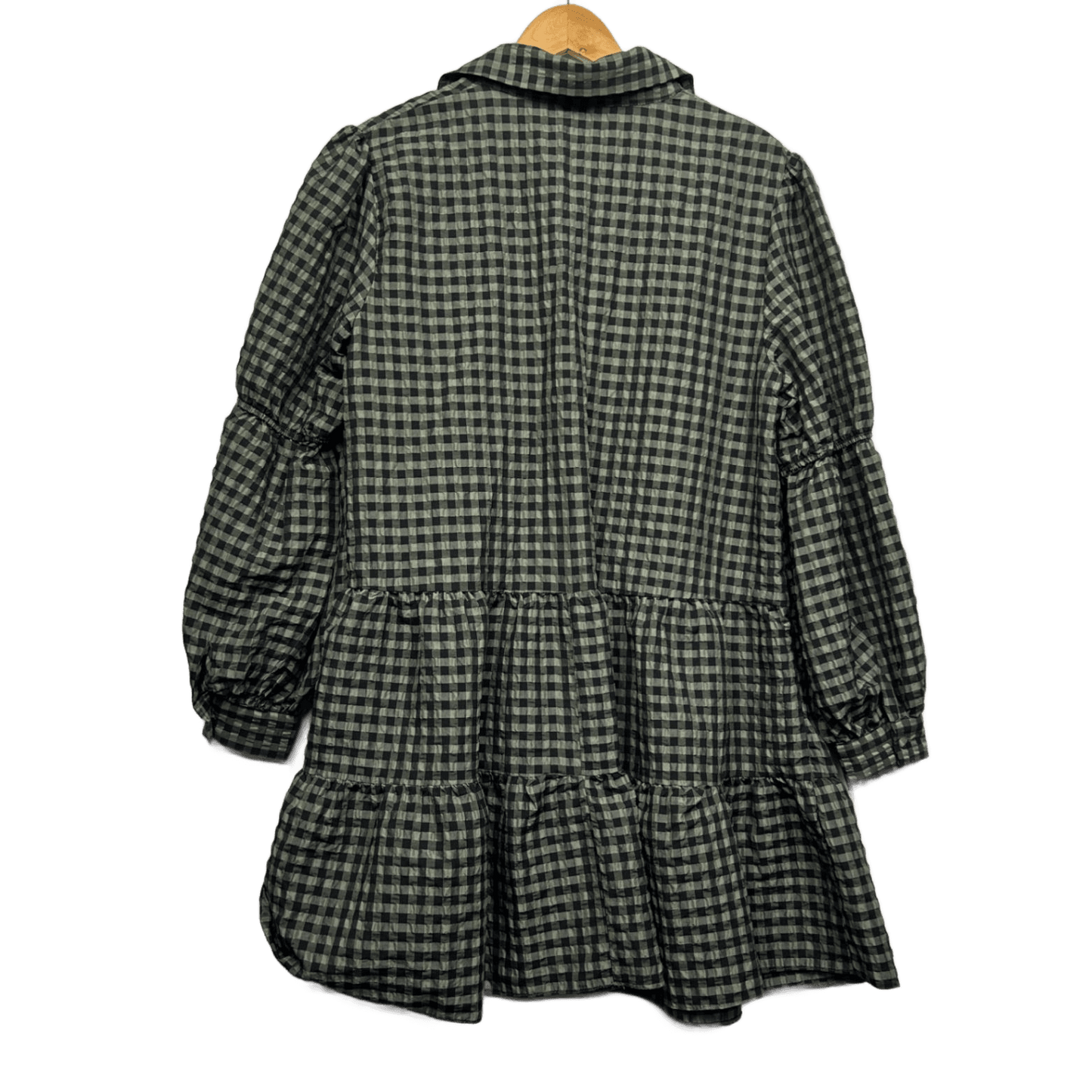 River Island Green Black Gingham Check Long Sleeve Smock Shirt Dress Size 16