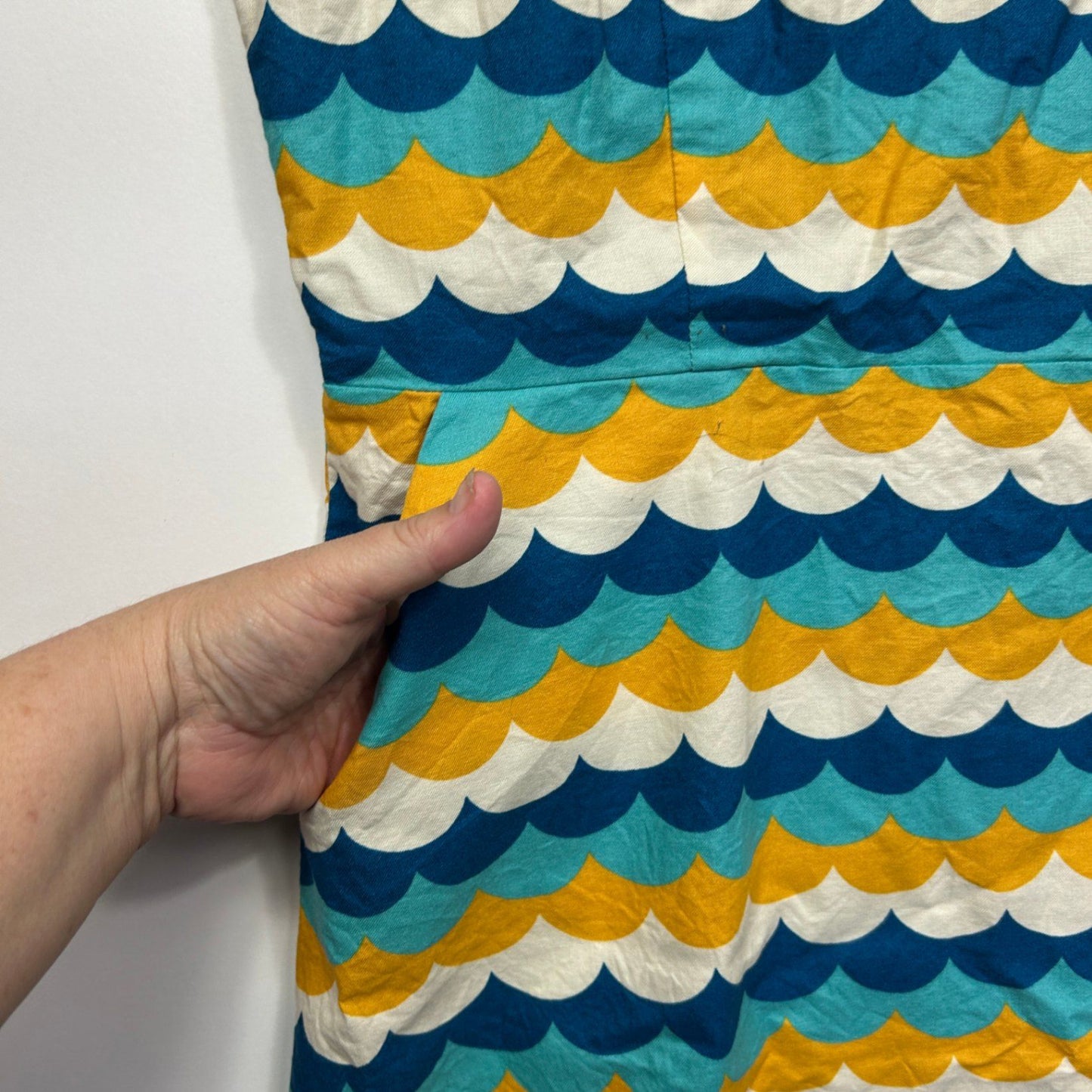 Revival Teal Mustard Blue Scallop Print Sleeveless Cotton Retro Dress Size 16