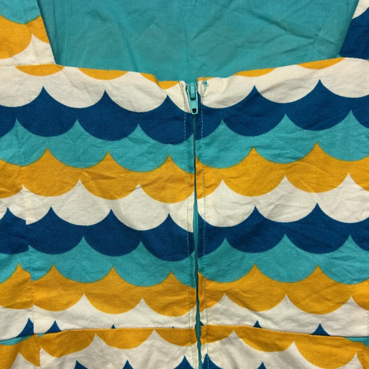 Revival Teal Mustard Blue Scallop Print Sleeveless Cotton Retro Dress Size 16