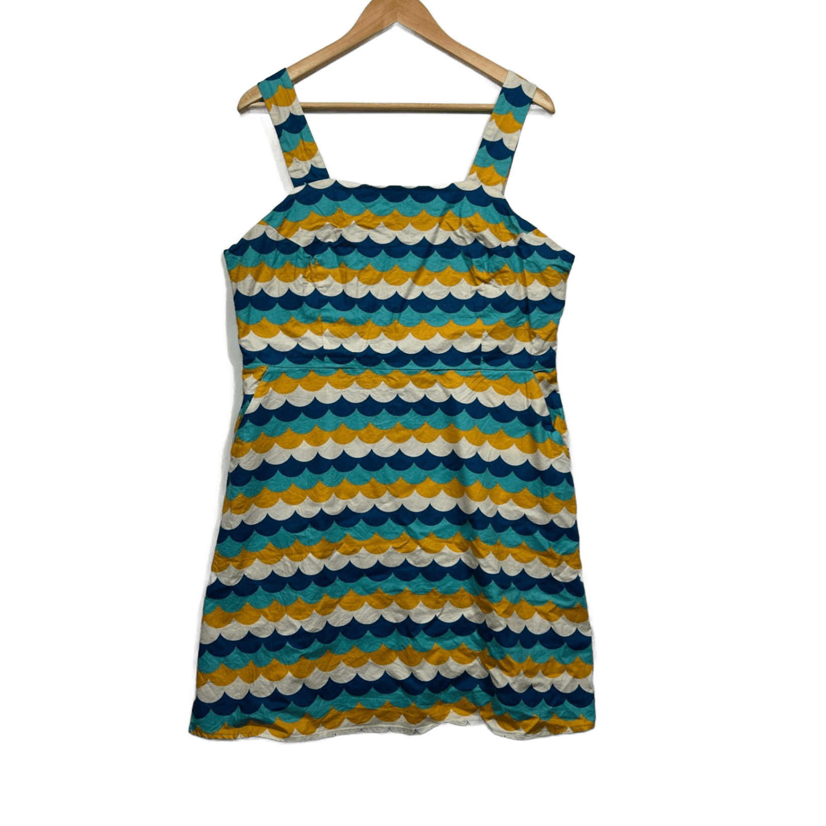 Revival Teal Mustard Blue Scallop Print Sleeveless Cotton Retro Dress Size 16