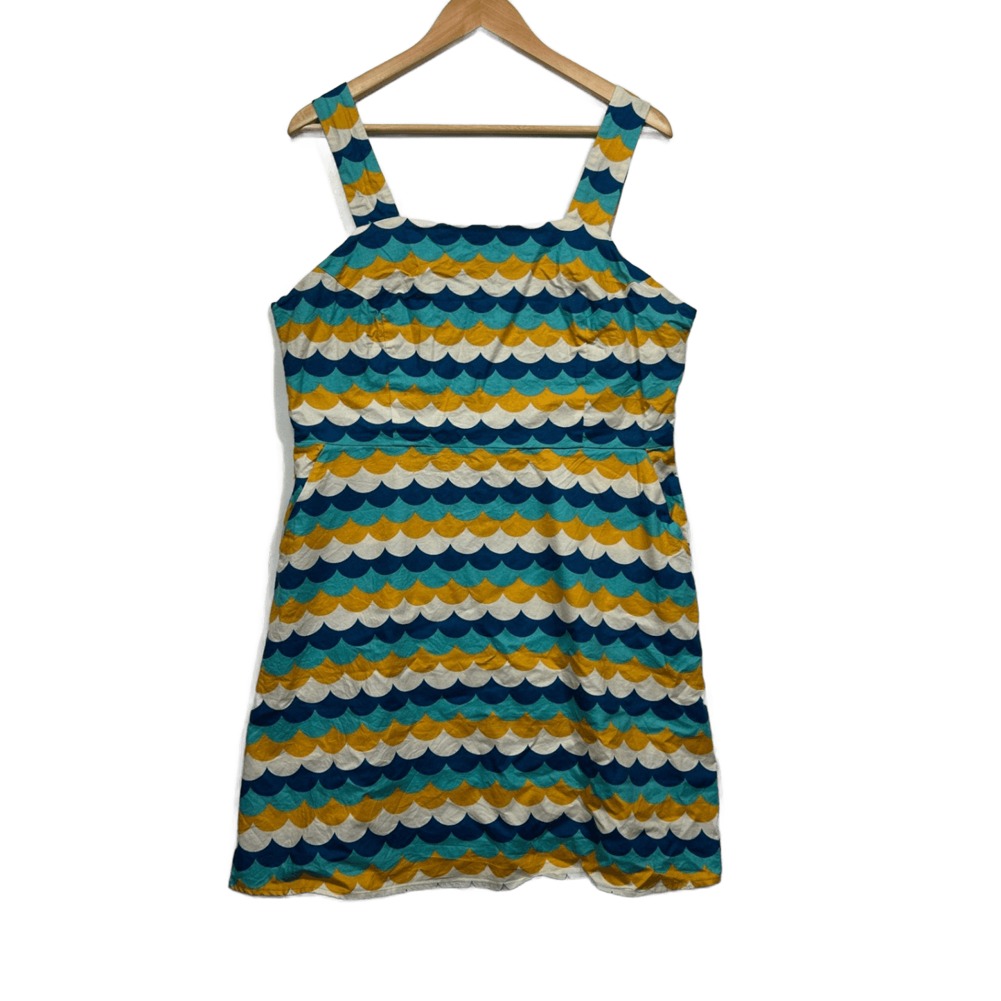 Revival Teal Mustard Blue Scallop Print Sleeveless Cotton Retro Dress Size 16