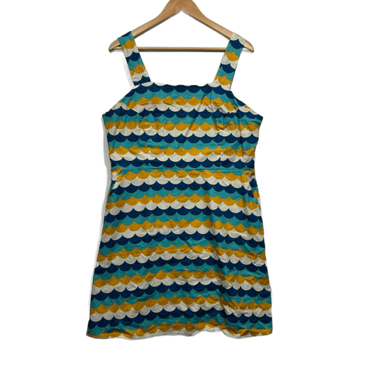 Revival Teal Mustard Blue Scallop Print Sleeveless Cotton Retro Dress Size 16