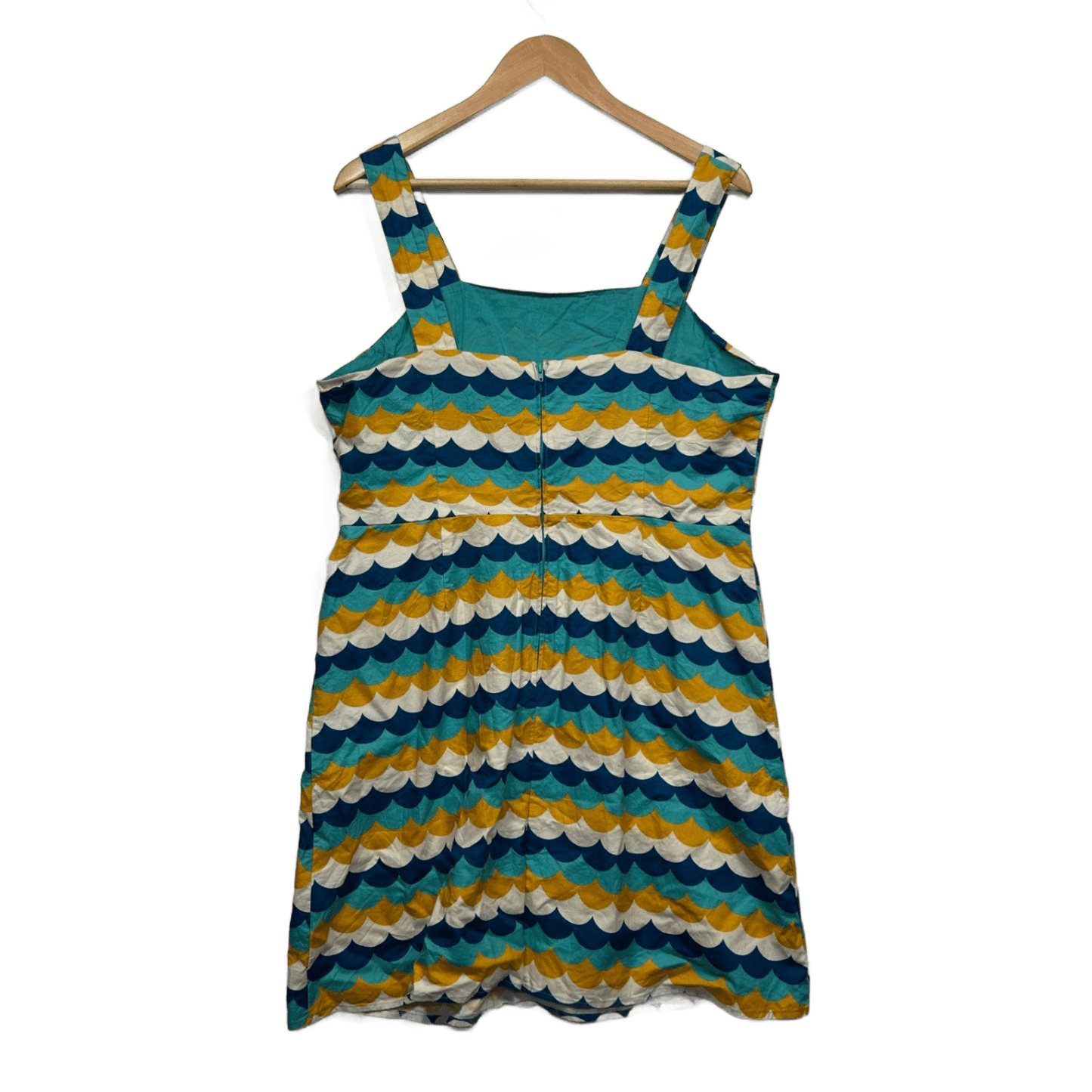 Revival Teal Mustard Blue Scallop Print Sleeveless Cotton Retro Dress Size 16