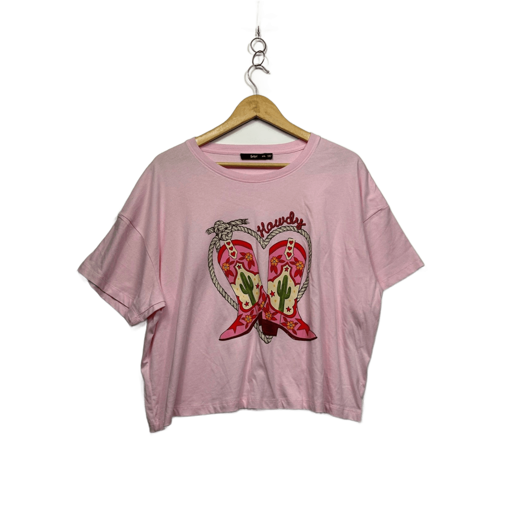 Sportsgirl Pink Short Sleeve Cowboy Western Graphic Tee Cropped T-Shirt Size 2XL