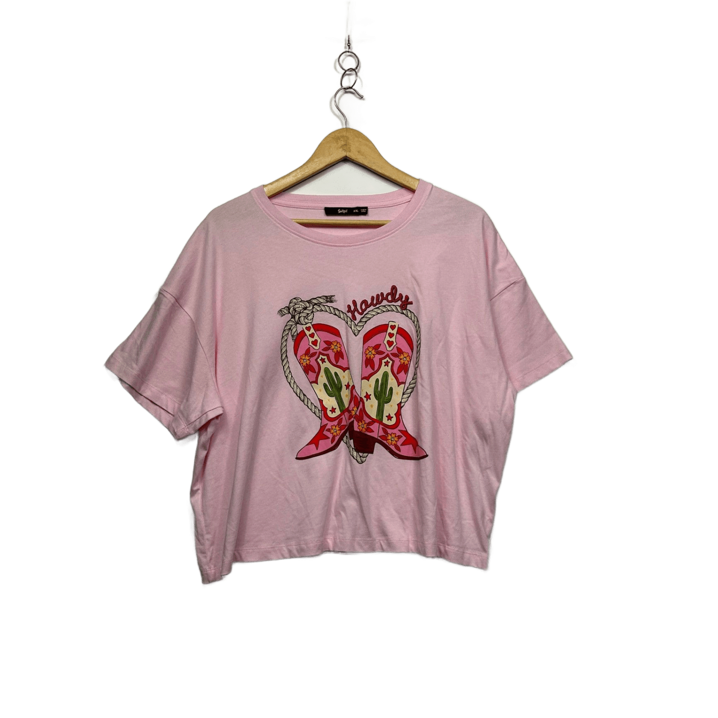 Sportsgirl Pink Short Sleeve Cowboy Western Graphic Tee Cropped T-Shirt Size 2XL