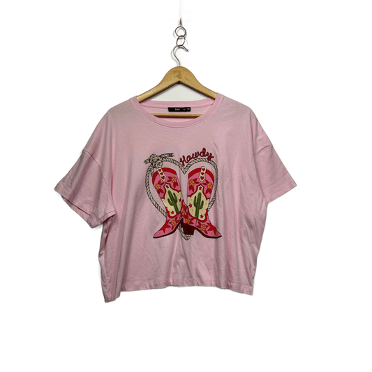 Sportsgirl Pink Short Sleeve Cowboy Western Graphic Tee Cropped T-Shirt Size 2XL