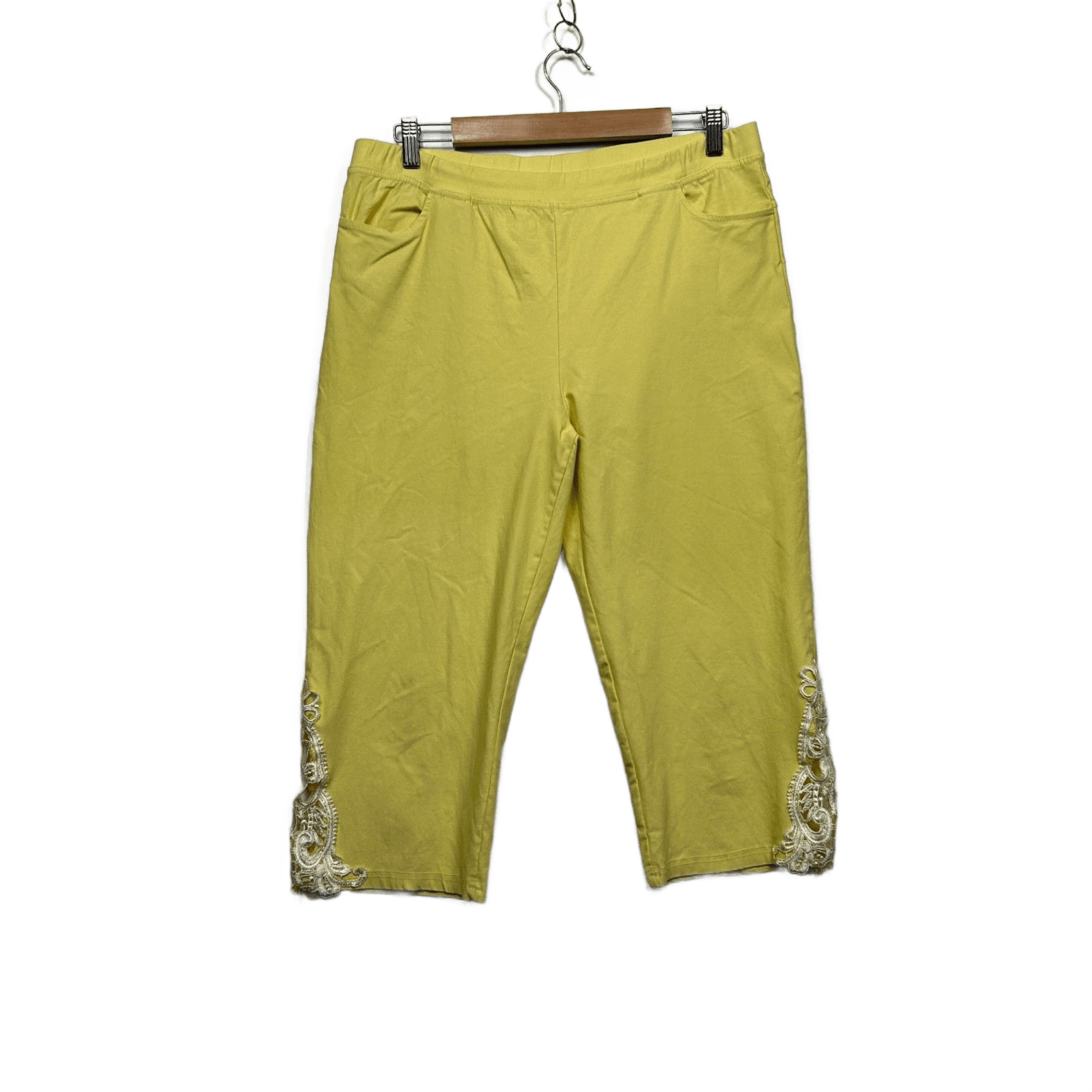 Quelque Womens Cropped Yellow Pants Embroidered Lace Hem Pull On Size 16