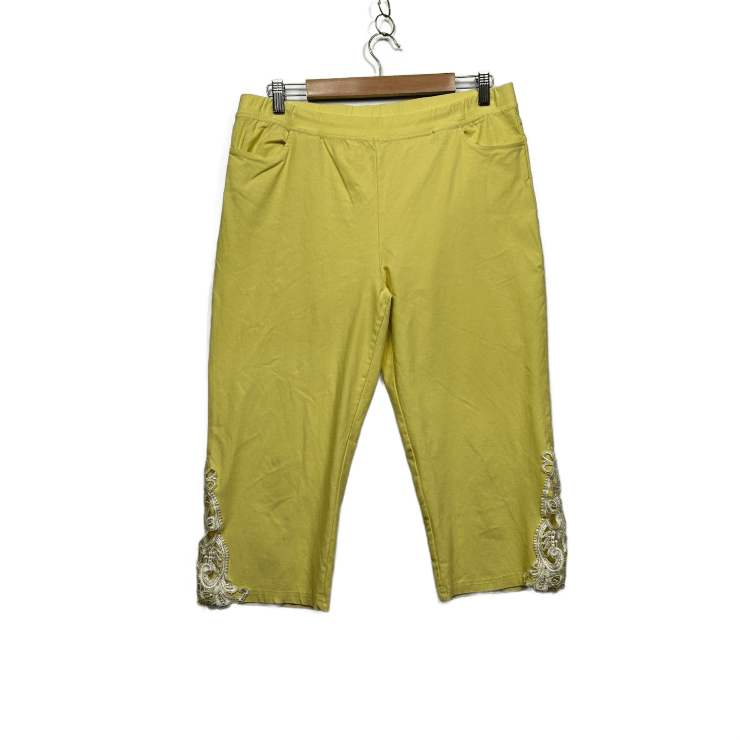 Quelque Womens Cropped Yellow Pants Embroidered Lace Hem Pull On Size 16