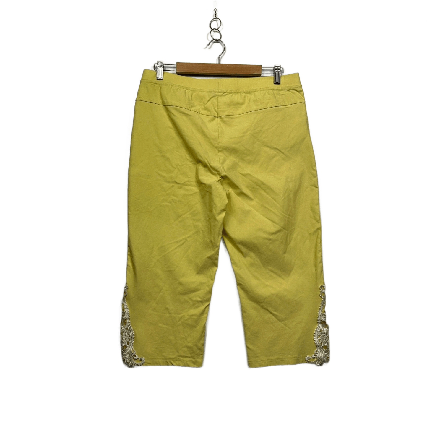 Quelque Womens Cropped Yellow Pants Embroidered Lace Hem Pull On Size 16