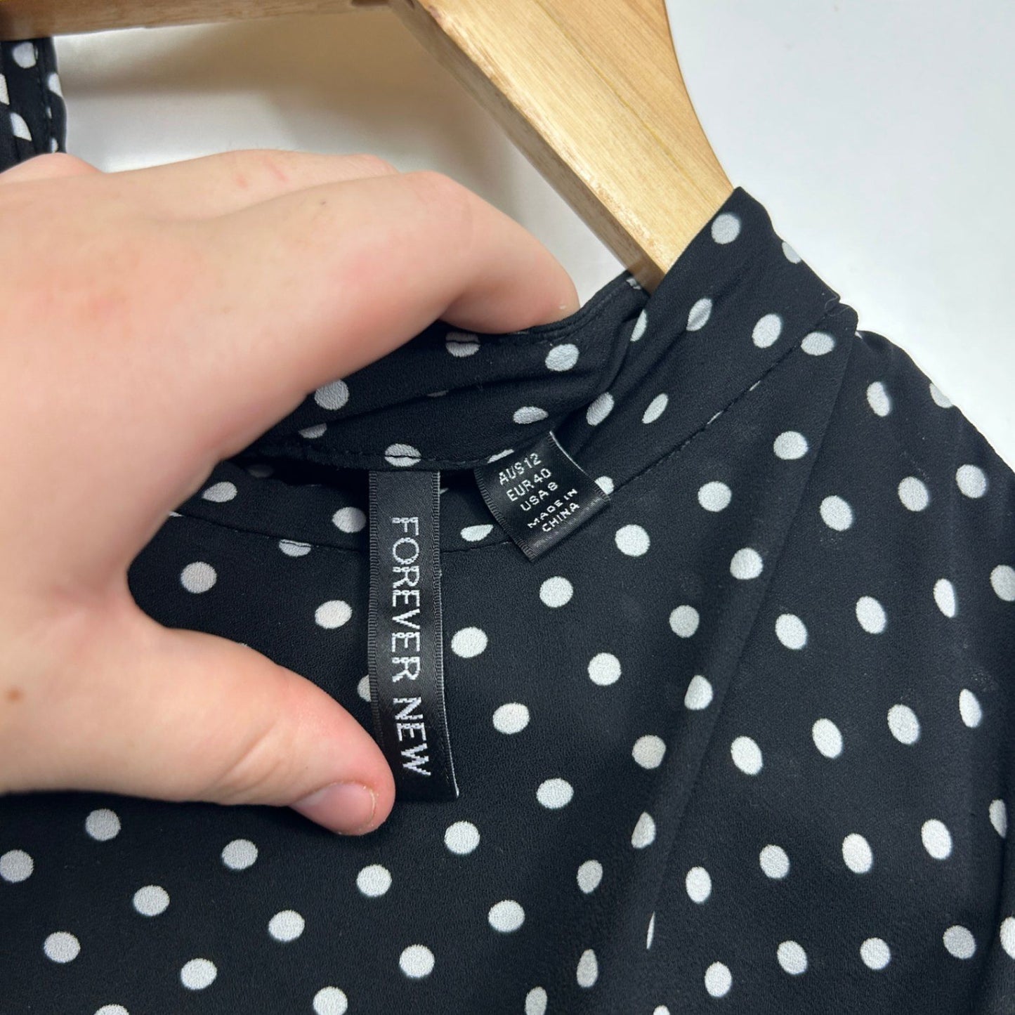 Forever New Black White Long Sleeve Polka Dots Top Blouse Size 12