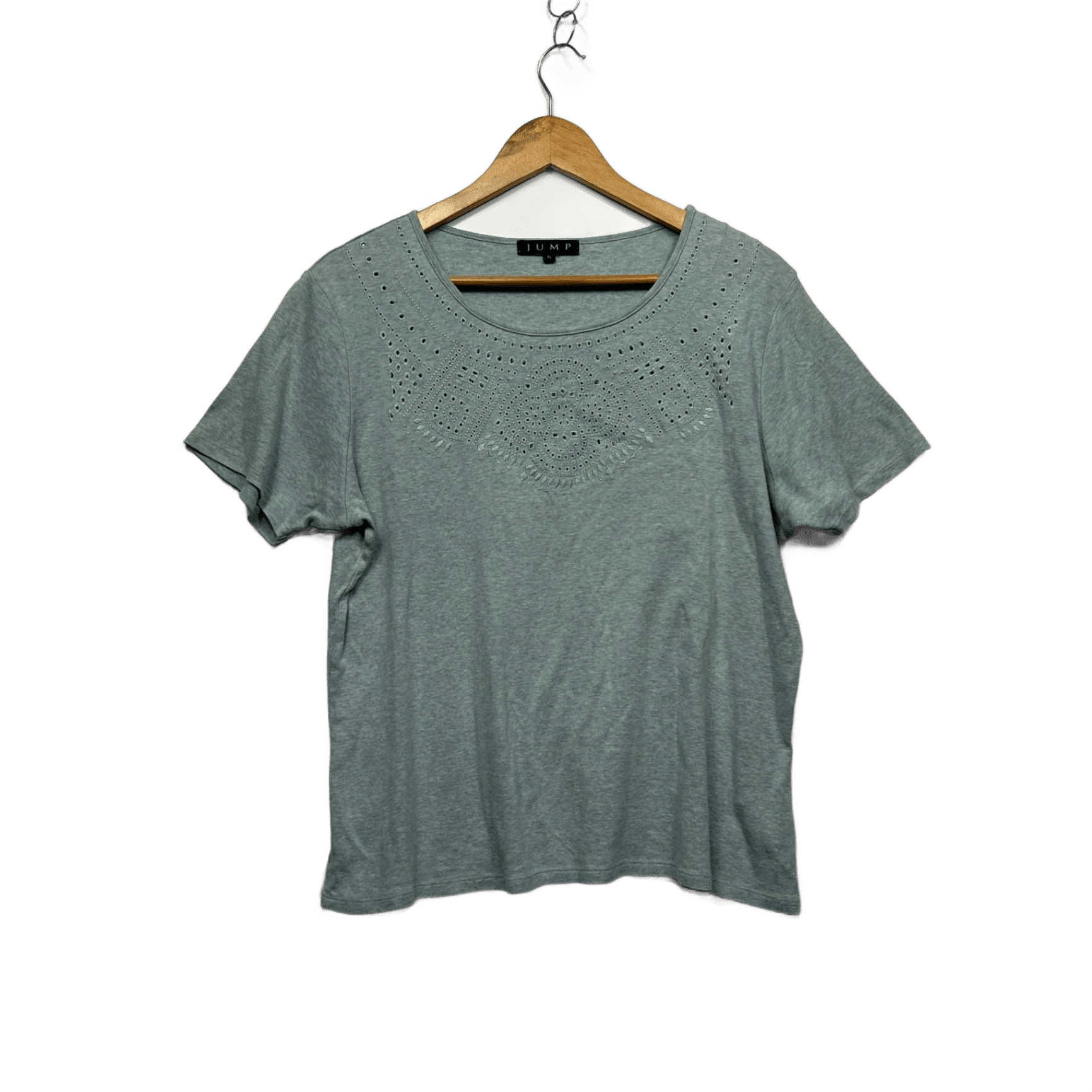Jump Cotton Sage Green Short Sleeve Broiderie Embroidered Casual Top Size XL