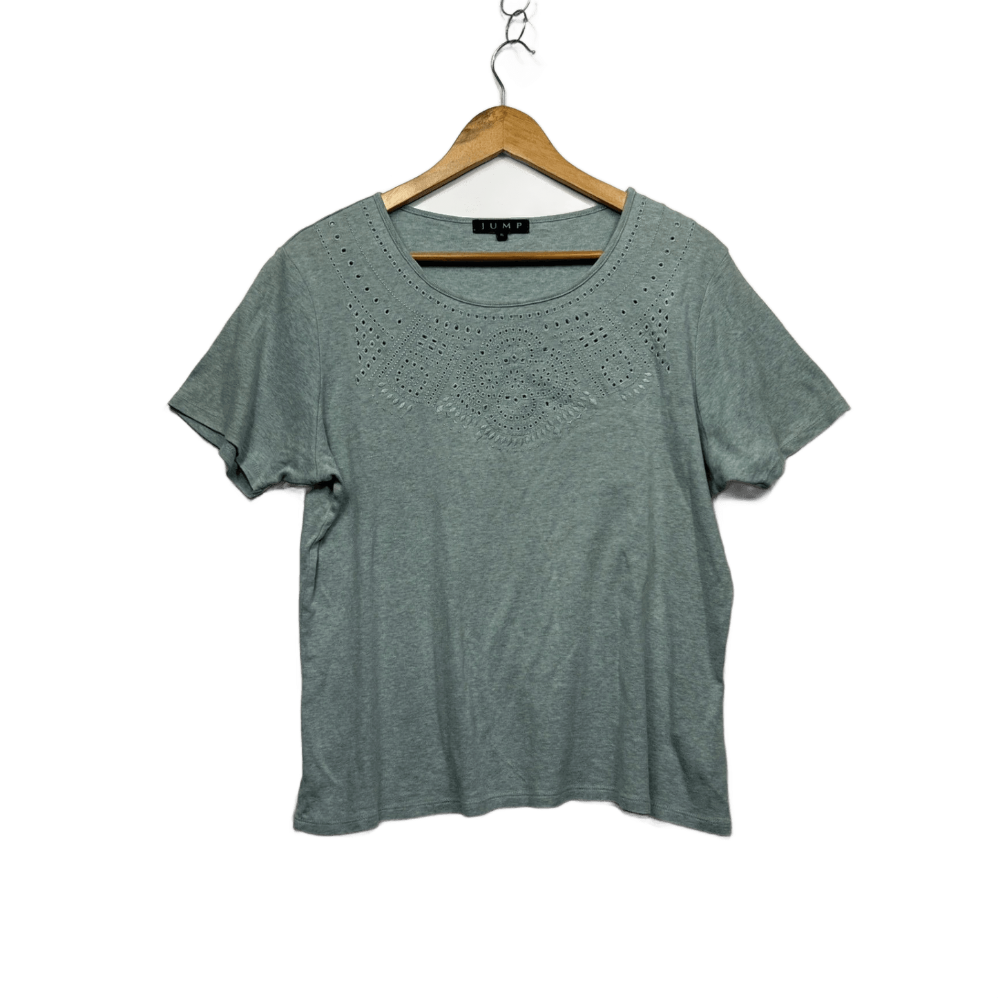 Jump Cotton Sage Green Short Sleeve Broiderie Embroidered Casual Top Size XL