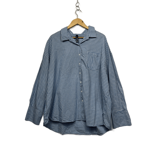 edited Blue White Long Sleeve Business Casual Button-Up Shirt Size L