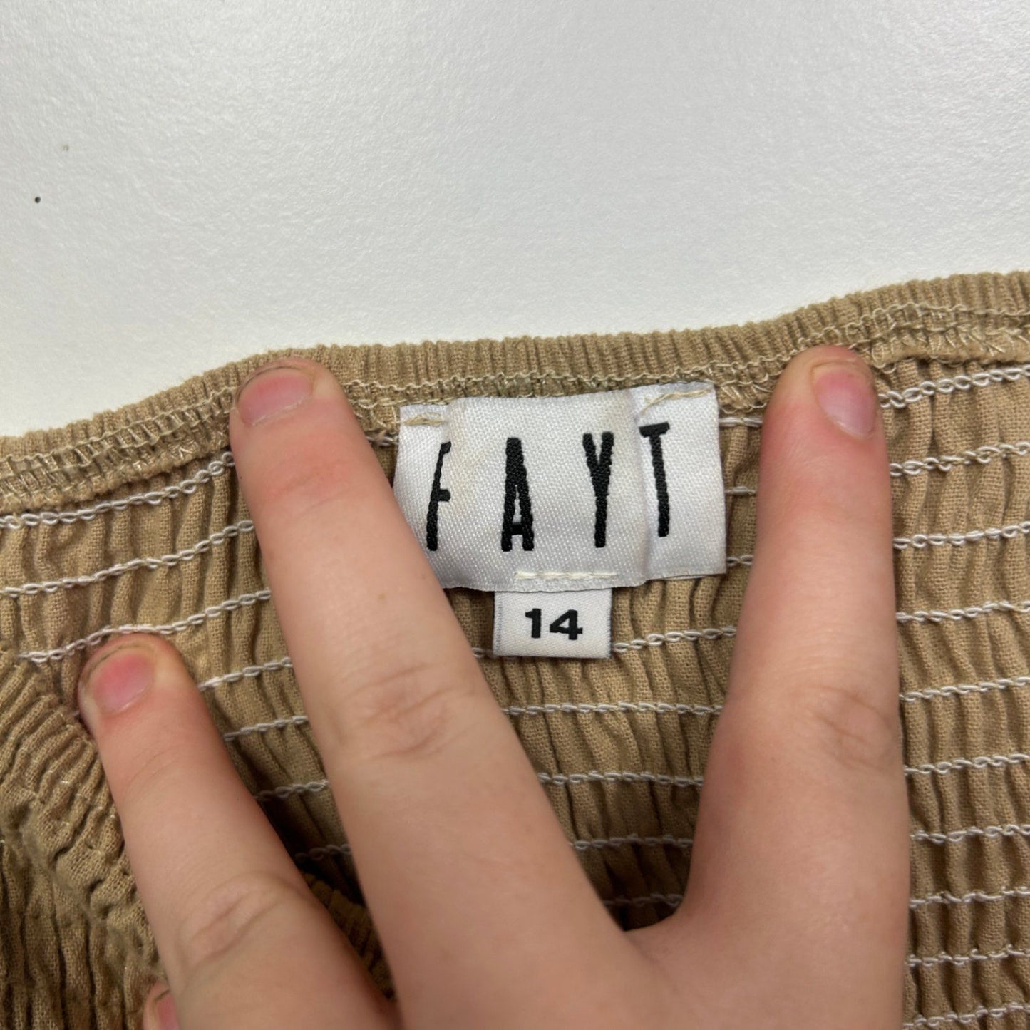 FAYT Tan Cotton Puff Sleeve Ruched Peasant Crop Top Blouse Size 14