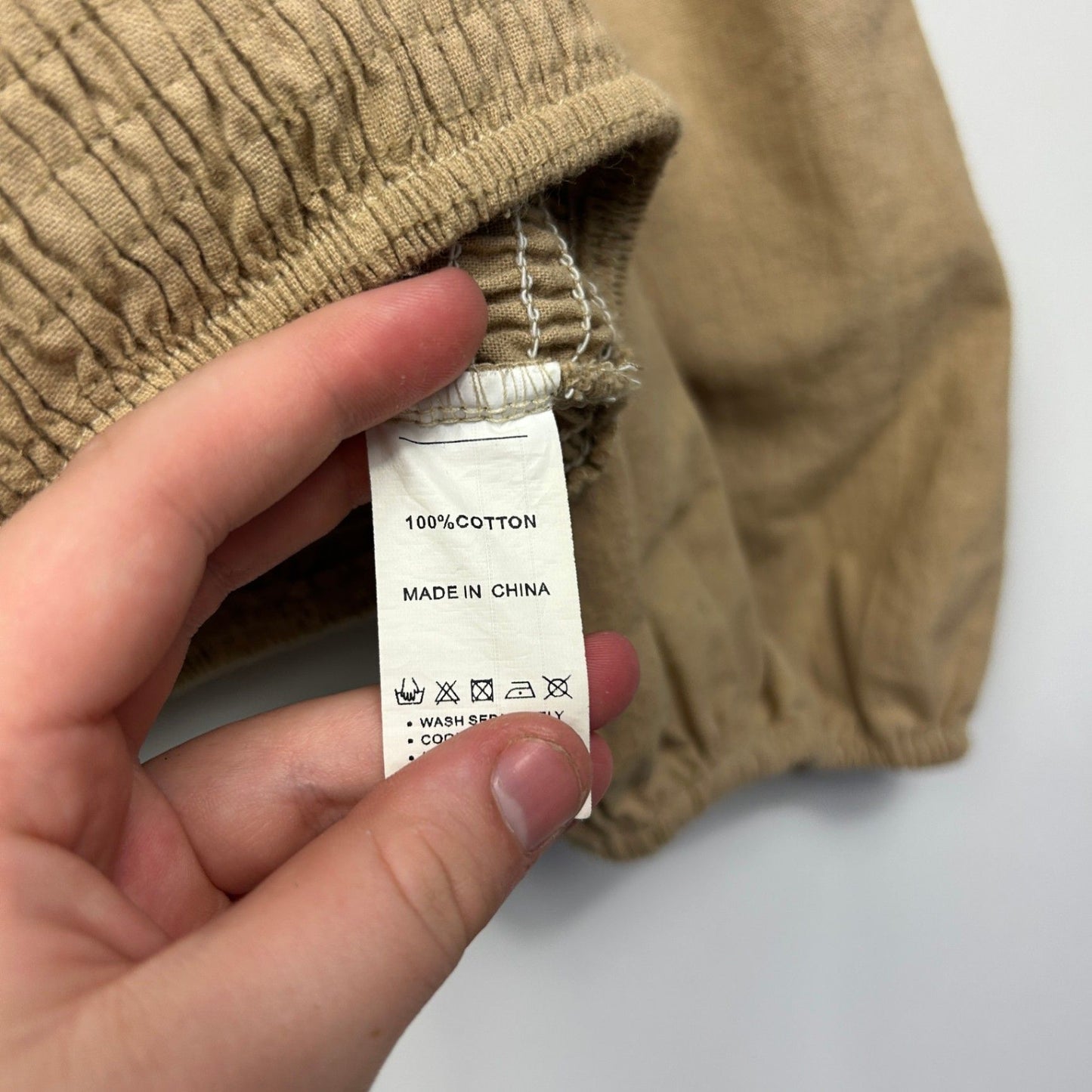 FAYT Tan Cotton Puff Sleeve Ruched Peasant Crop Top Blouse Size 14