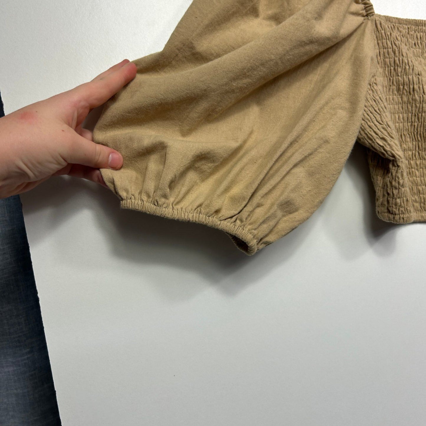 FAYT Tan Cotton Puff Sleeve Ruched Peasant Crop Top Blouse Size 14