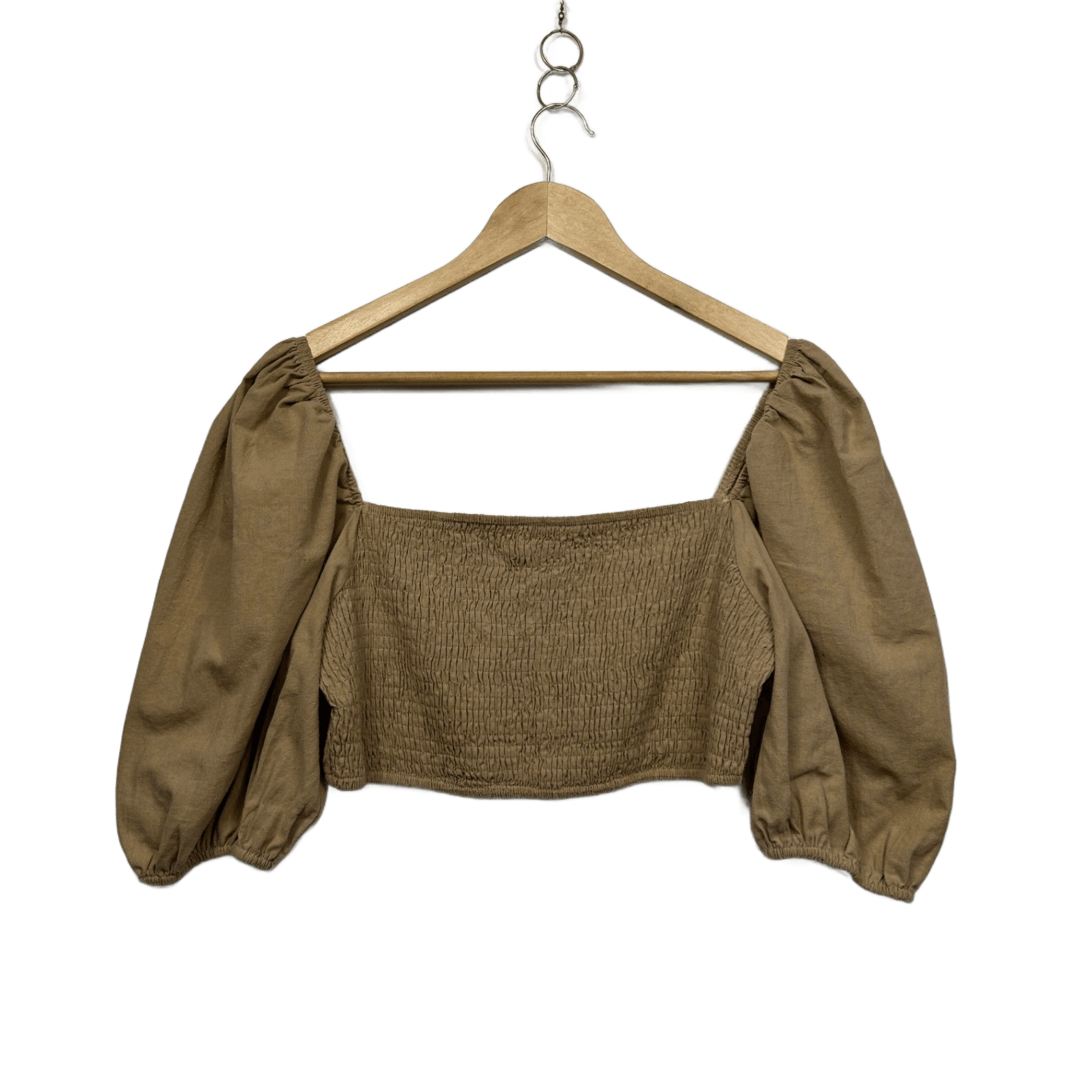 FAYT Tan Cotton Puff Sleeve Ruched Peasant Crop Top Blouse Size 14