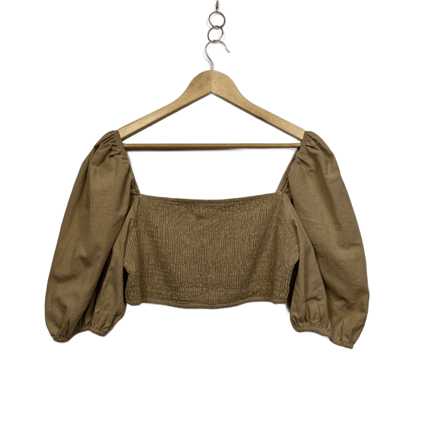 FAYT Tan Cotton Puff Sleeve Ruched Peasant Crop Top Blouse Size 14