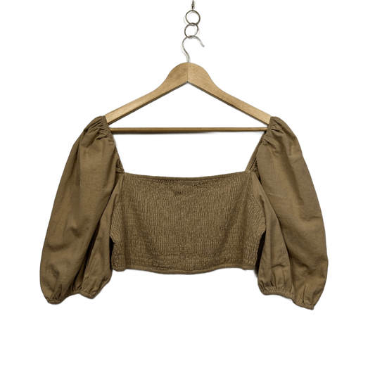 FAYT Tan Cotton Puff Sleeve Ruched Peasant Crop Top Blouse Size 14