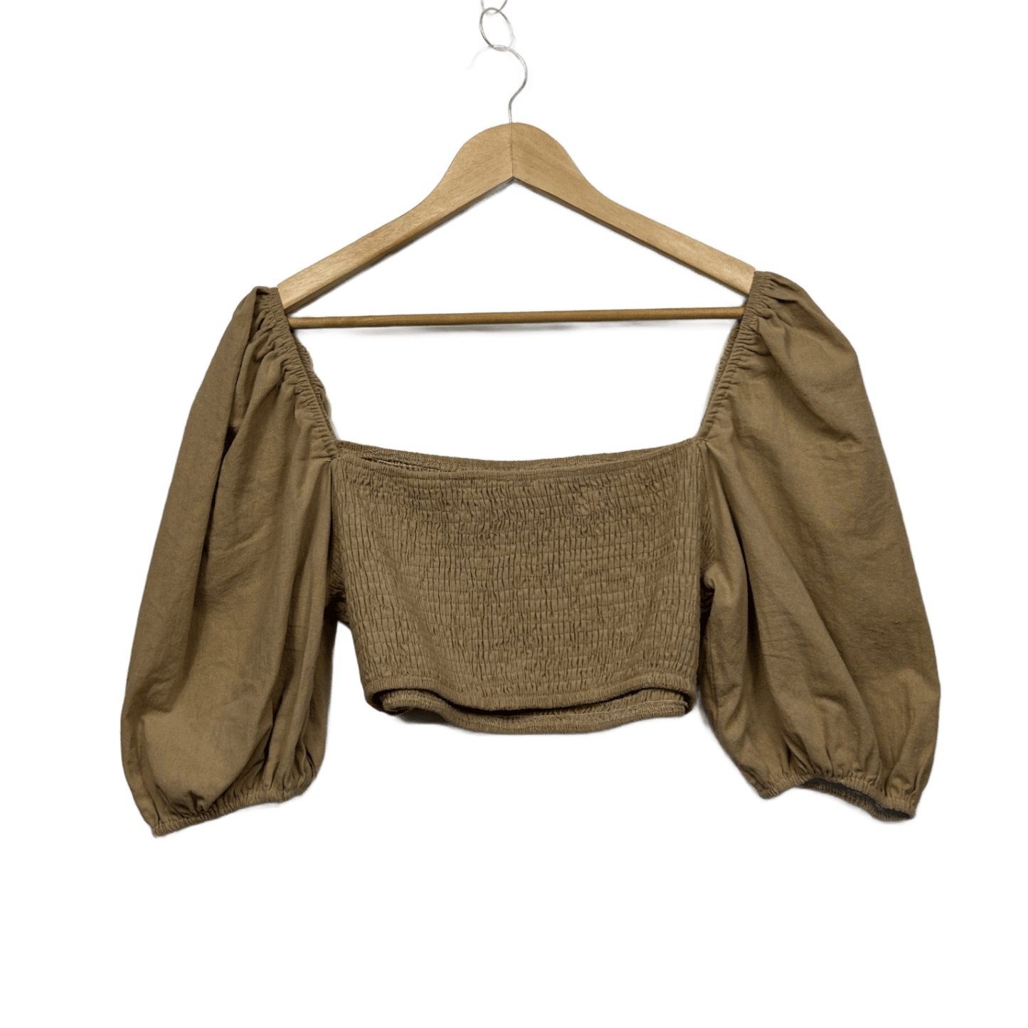 FAYT Tan Cotton Puff Sleeve Ruched Peasant Crop Top Blouse Size 14